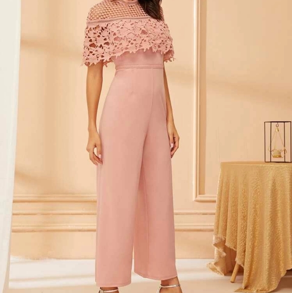 Mock-neck Lace trim wide leg jumpsuit. - Picture 1 of 7